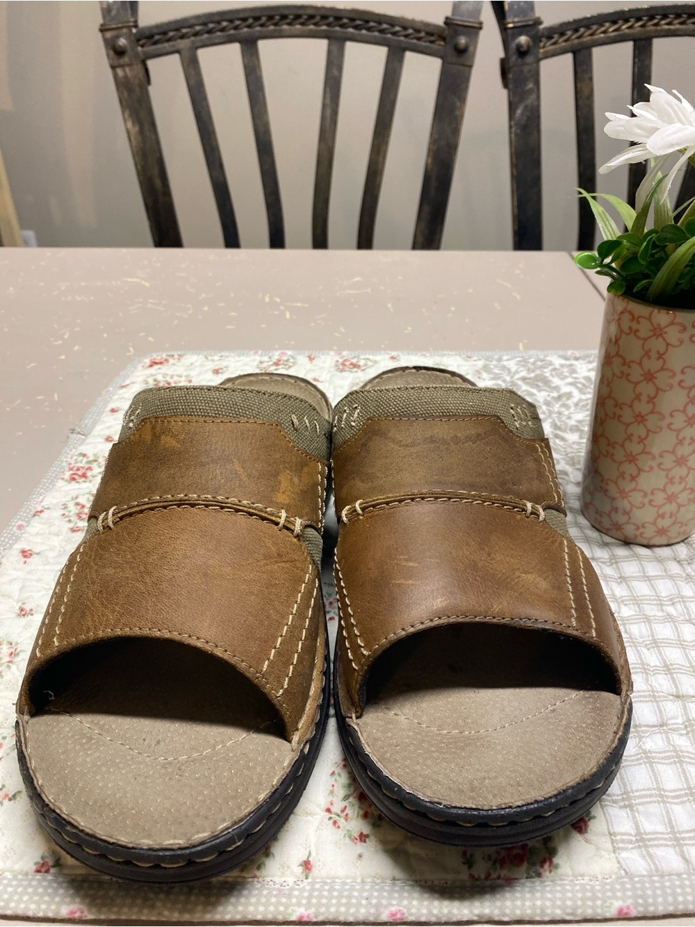 Men's Brown Leather Slide Sandals with Cushioned Footbed